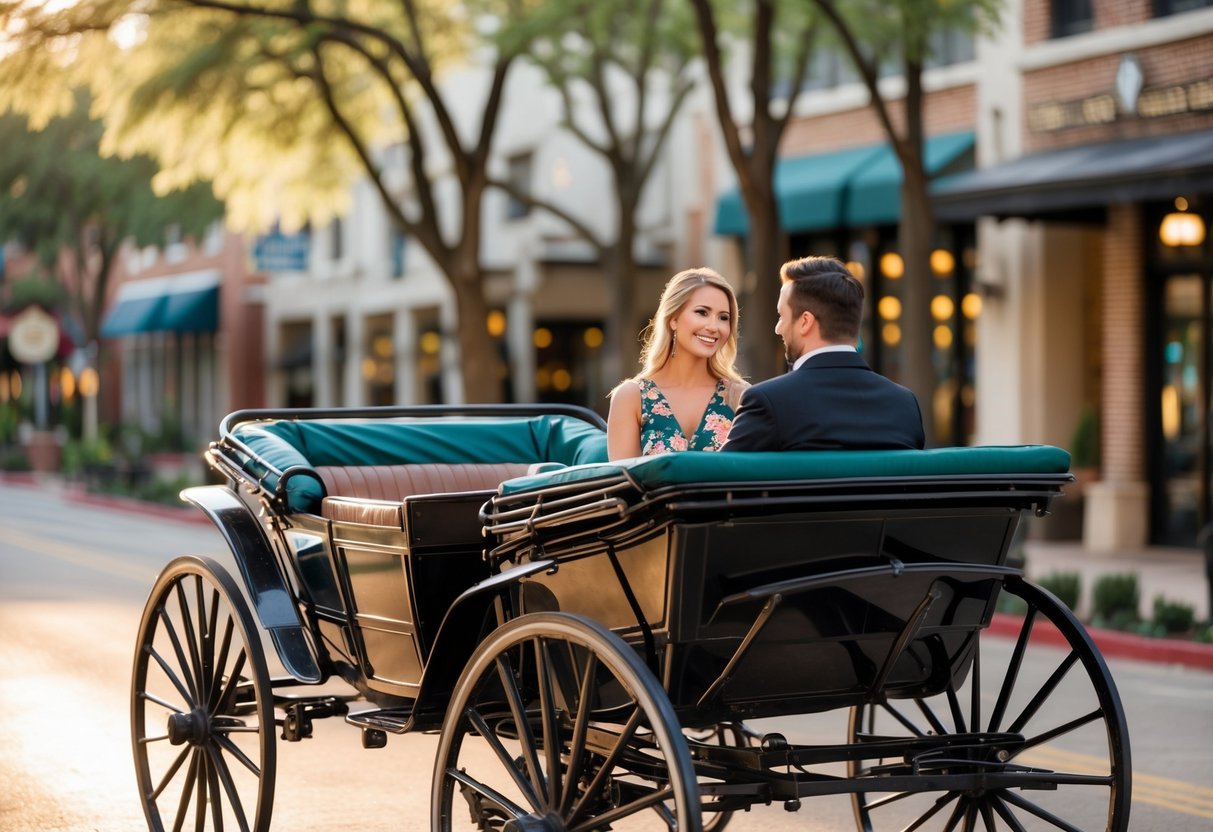 A couple riding in a horse-drawn carriage through downtown Fort Worth with buildings and trees in the background.
