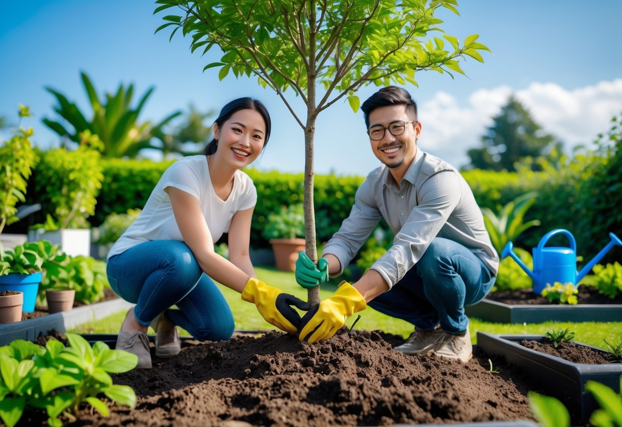 A couple planting a tree together in a garden on a sunny day.