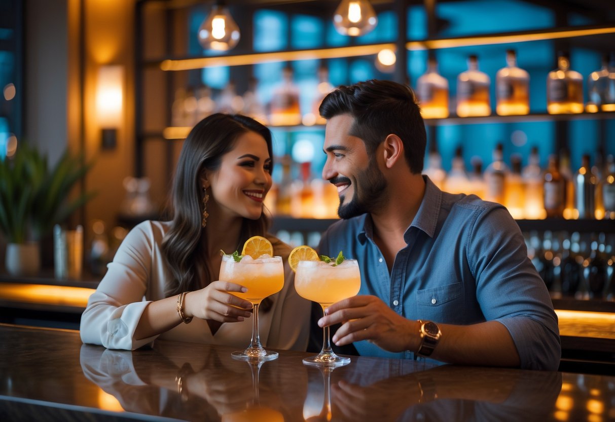 A couple sitting at a bar counter, smiling and holding craft cocktails in a warmly lit bar.