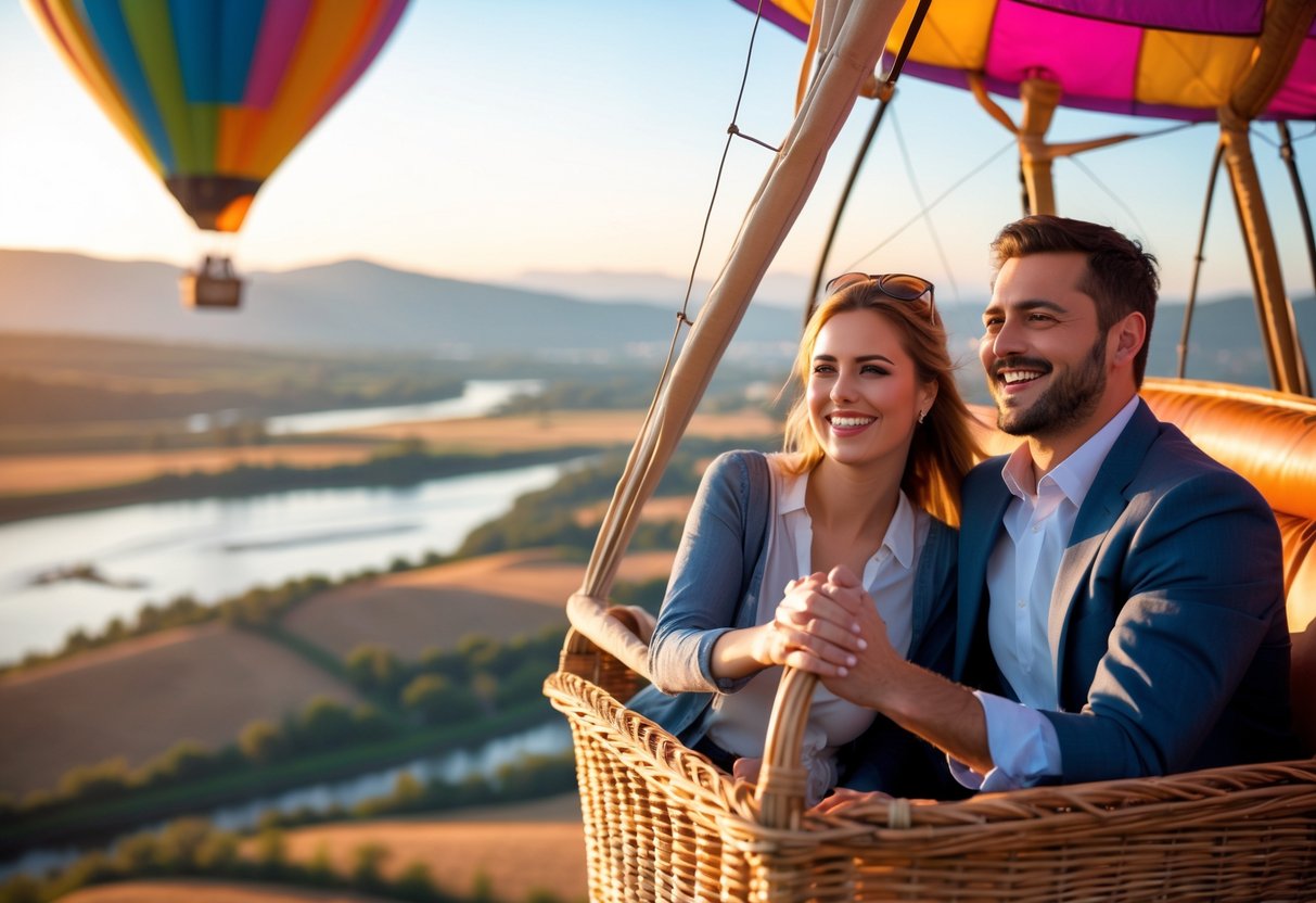 A couple holding hands inside a colorful hot air balloon basket floating over a scenic landscape at sunrise.