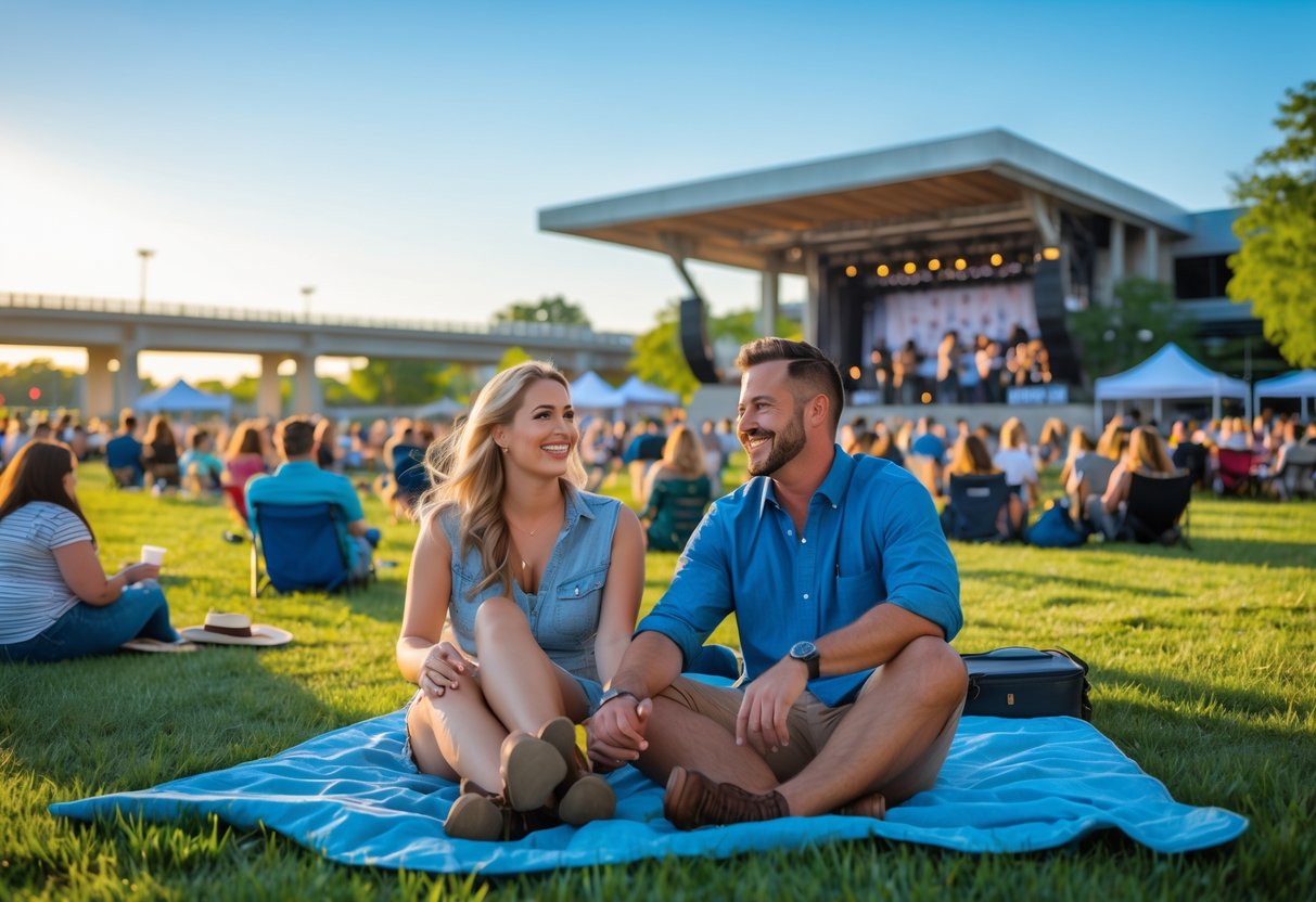 A couple sitting on a picnic blanket enjoying an outdoor concert at Panther Island Pavilion near Fort Worth Zoo.