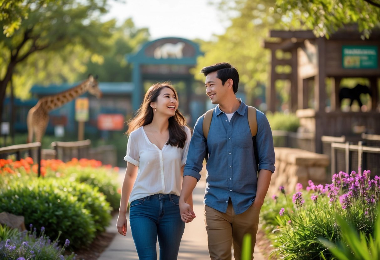 A young couple walking hand in hand along a green path near a zoo with trees and animal enclosures in the background.