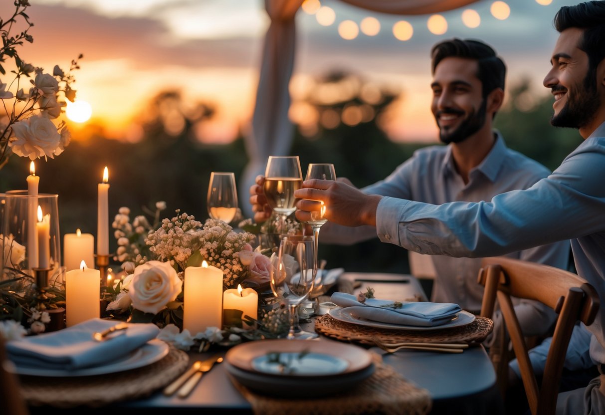 A couple holding hands across a candlelit outdoor dinner table decorated with flowers at sunset.
