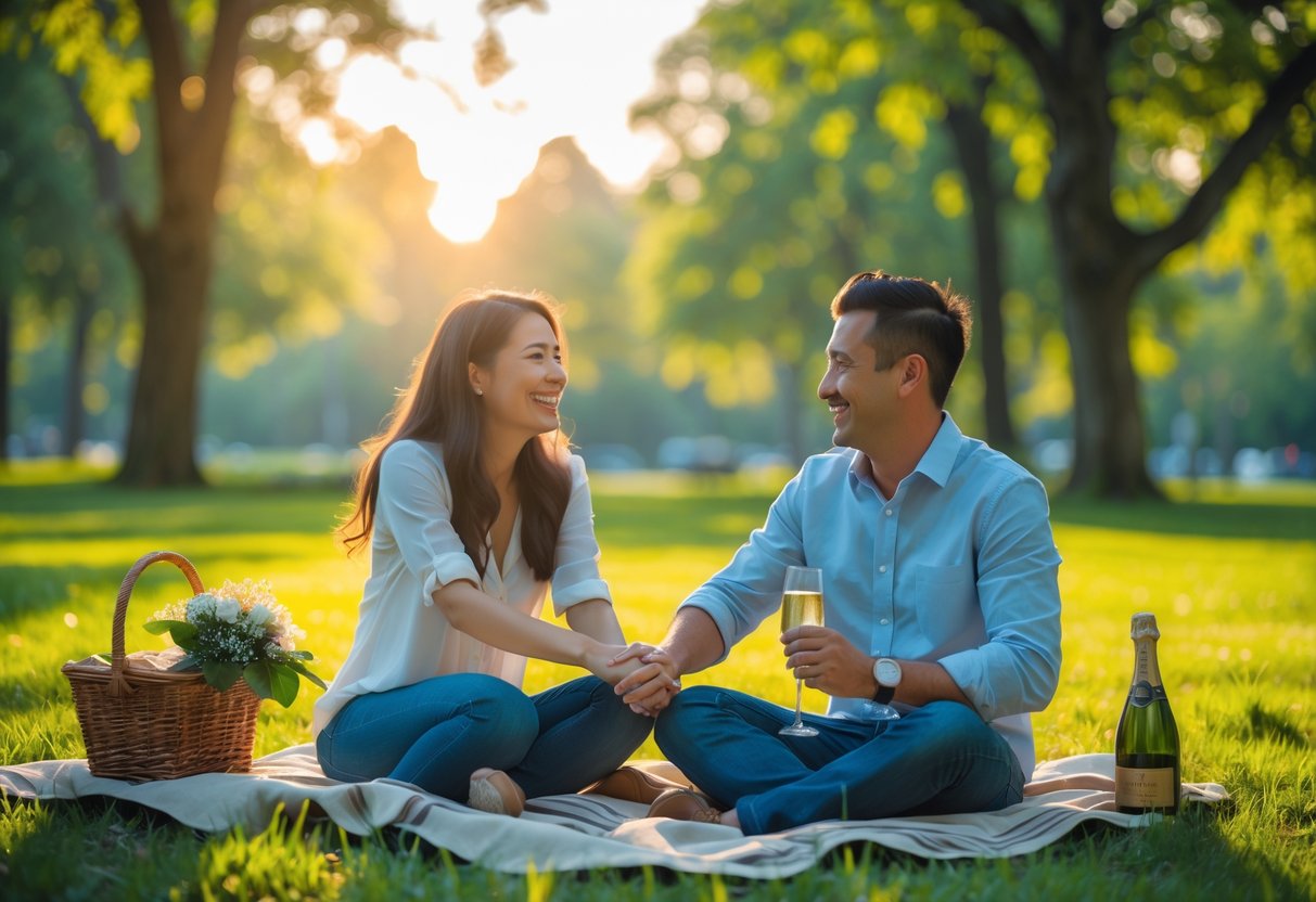 A couple enjoying a picnic together in a park, smiling and holding hands.