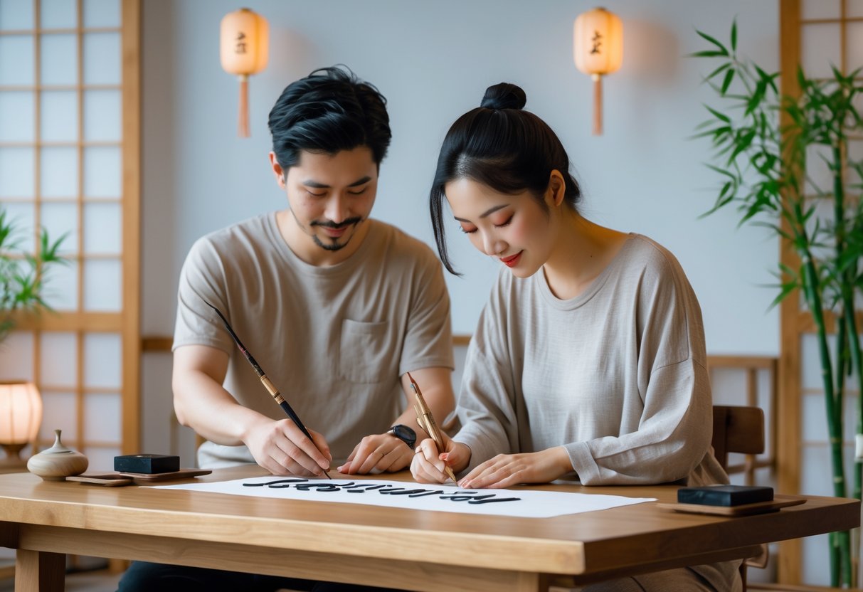 A couple practicing Zen calligraphy together at a wooden table in a peaceful, minimalist studio.