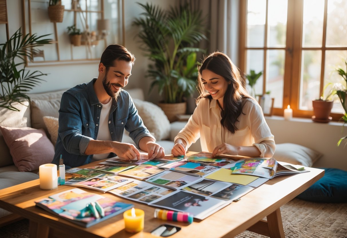 A couple sitting at a wooden table in a sunlit room, creating vision boards together surrounded by craft supplies and plants.