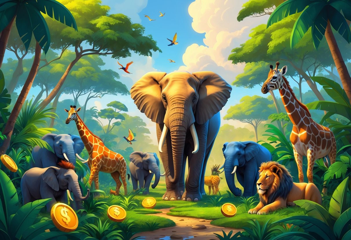 Pemandangan hutan safari yang rimbun dengan berbagai hewan eksotis seperti gajah, singa, jerapah, zebra, dan burung berwarna-warni, dengan sinar matahari lembut menembus dedaunan.