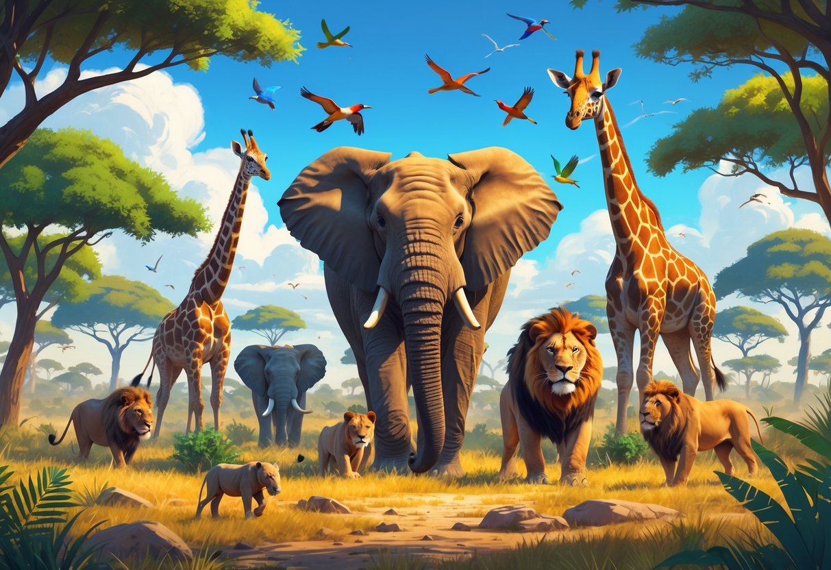 Pemandangan safari dengan berbagai hewan liar seperti gajah, jerapah, dan singa di savana yang luas dengan pepohonan dan langit cerah.