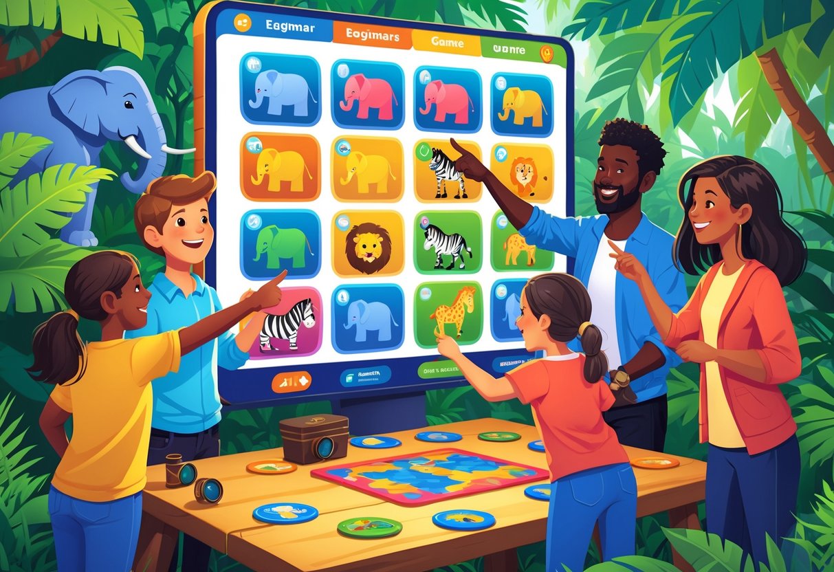 Beberapa orang sedang bermain dan belajar tentang permainan Jumbo Safari dengan latar hutan dan berbagai hewan safari di layar permainan.