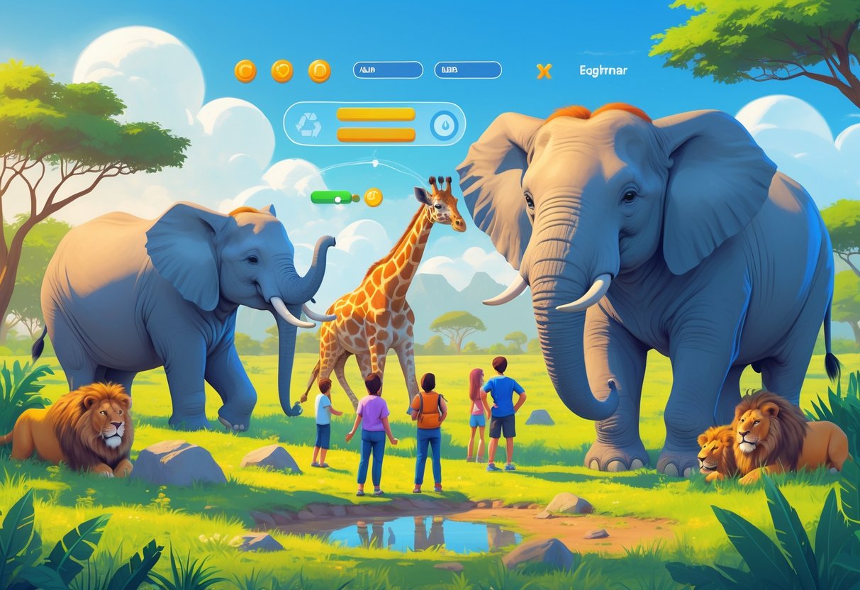 Ilustrasi pemandangan safari dengan hewan besar seperti gajah, singa, dan jerapah di savana hijau, serta orang-orang yang sedang belajar dan berinteraksi dengan elemen permainan.