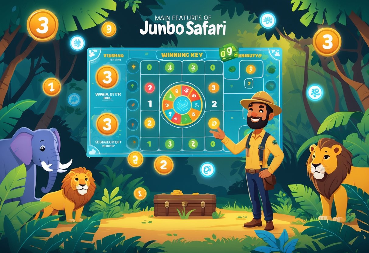 Ilustrasi pemandangan safari dengan hewan-hewan dan seorang pemandu yang menunjukkan cara kerja dan kunci kemenangan permainan Jumbo Safari.