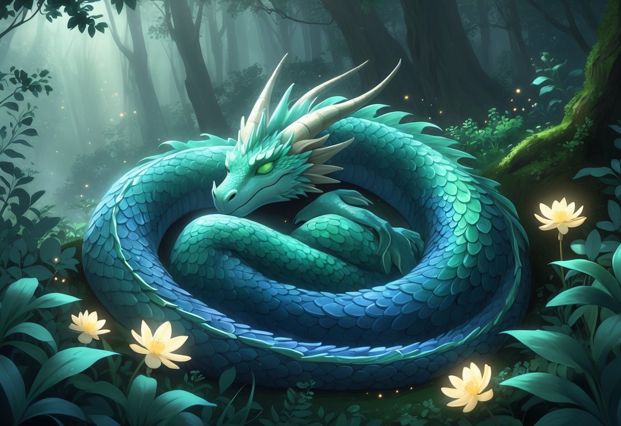 Seekor naga yang sedang tidur di tengah hutan yang tenang dengan tanaman hijau dan cahaya lembut di sekitarnya.