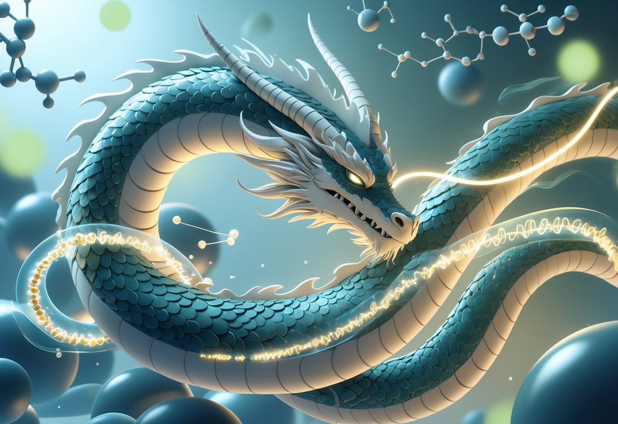 Ilustrasi naga tidur yang melingkari heliks ganda RNA di latar laboratorium penelitian dengan pola molekul abstrak.