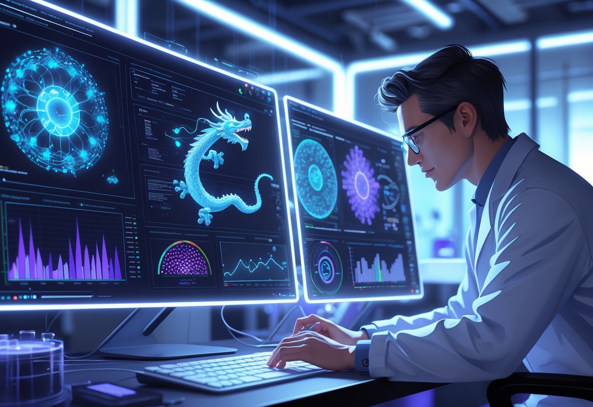 Seorang peneliti di laboratorium modern sedang menganalisis data ilmiah dengan layar holografik yang menampilkan struktur RNA dan grafik kompleks.
