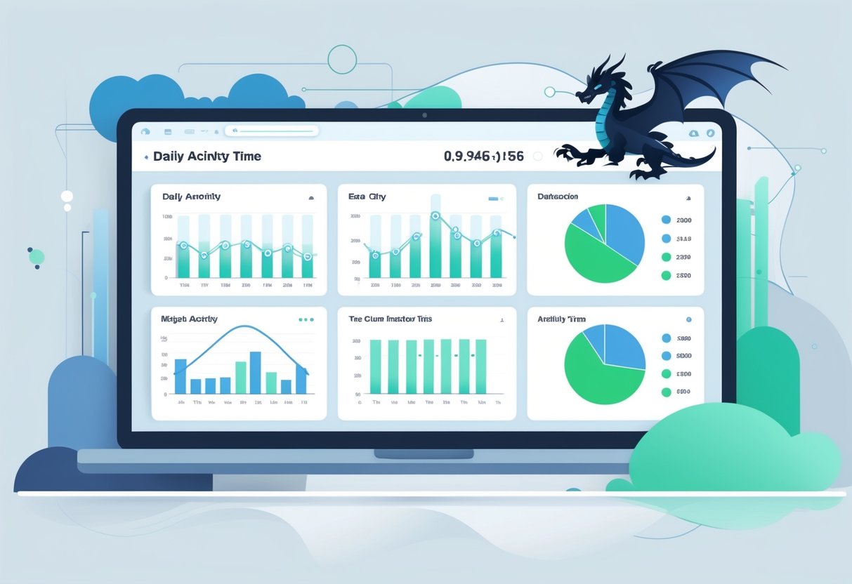 Ilustrasi profesional dari dashboard digital yang menampilkan grafik dan diagram aktivitas harian Sleeping Dragon™ dengan pola dan statistik waktu.