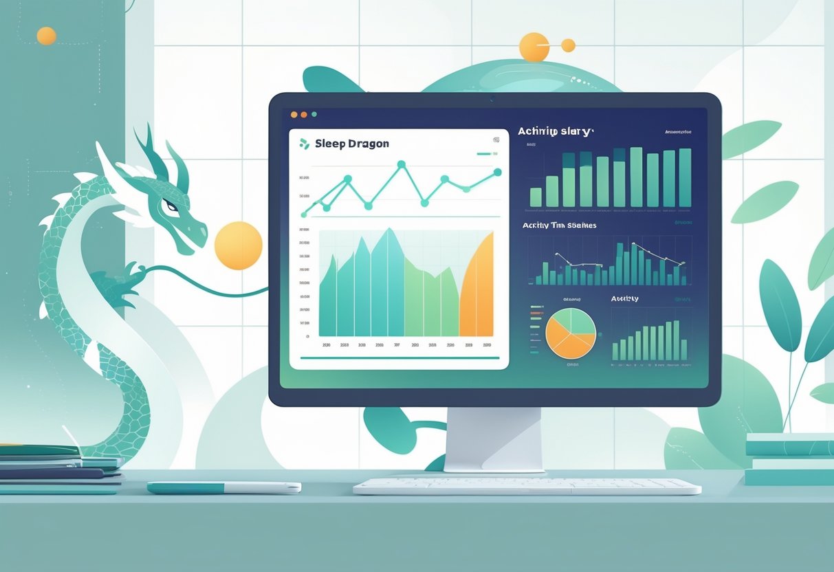Ilustrasi profesional yang menampilkan dashboard digital dengan berbagai grafik dan diagram yang menunjukkan pola waktu aktivitas Sleeping Dragon™ hari ini.