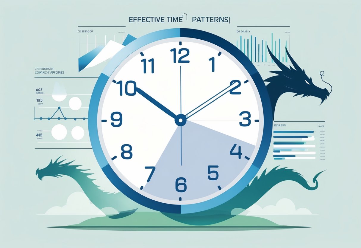 Ilustrasi jam dengan grafik data yang menunjukkan pola waktu aktivitas Sleeping Dragon™ sepanjang hari.