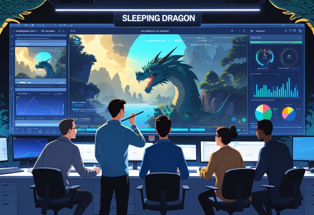 Beberapa orang sedang mengamati layar besar yang menampilkan cuplikan permainan video dengan data dan grafik di sebuah ruangan modern.