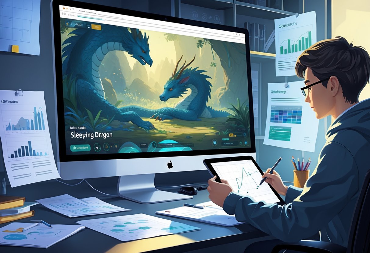 Seorang peneliti sedang mengamati dan mencatat gameplay Sleeping Dragon di depan komputer dengan layar menampilkan naga yang sedang beristirahat.