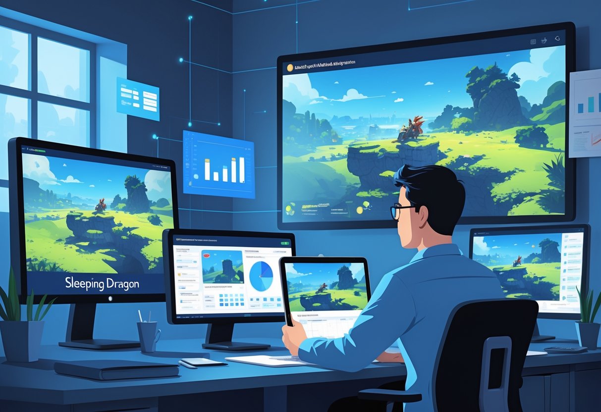 Seorang peneliti mengamati dan mencatat gameplay permainan Sleeping Dragon di sebuah ruang studi dengan beberapa layar yang menampilkan adegan permainan.