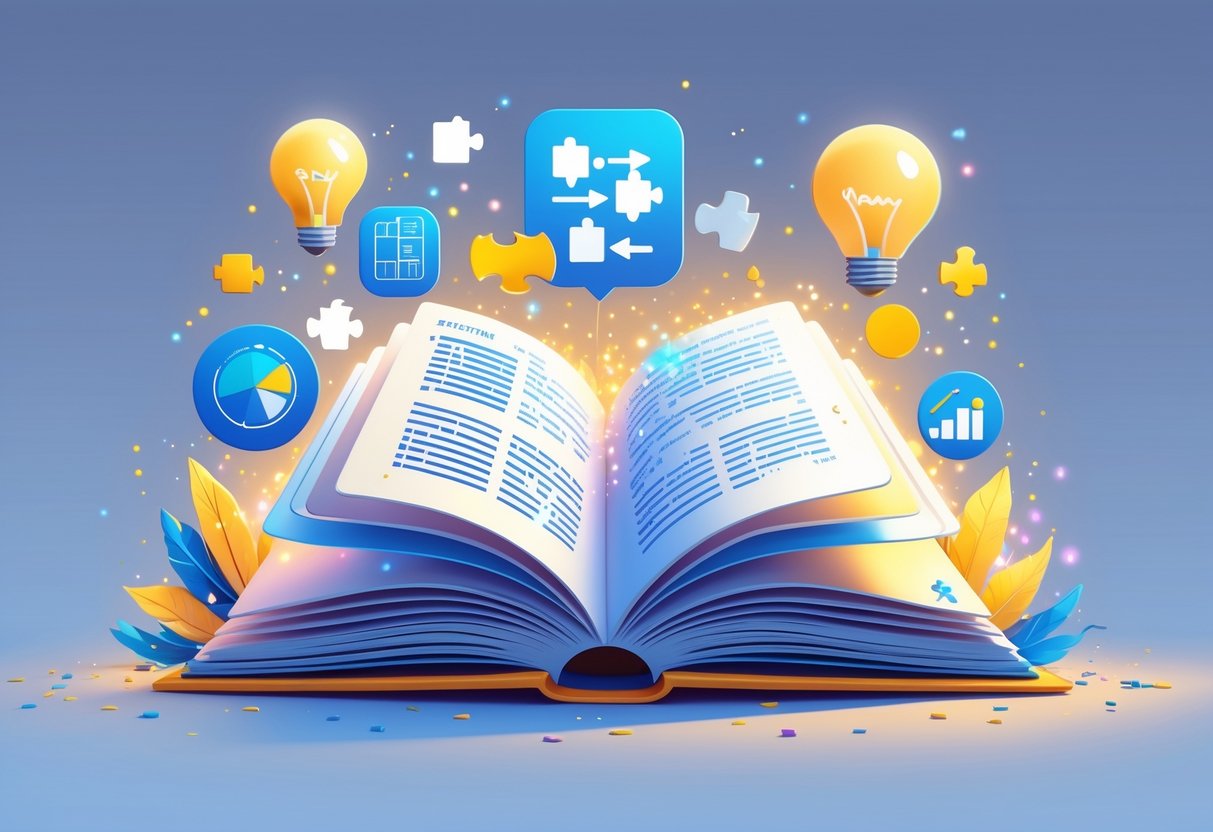 Ilustrasi buku terbuka dengan ikon-ikon pengetahuan dan suasana pesta di latar belakang.