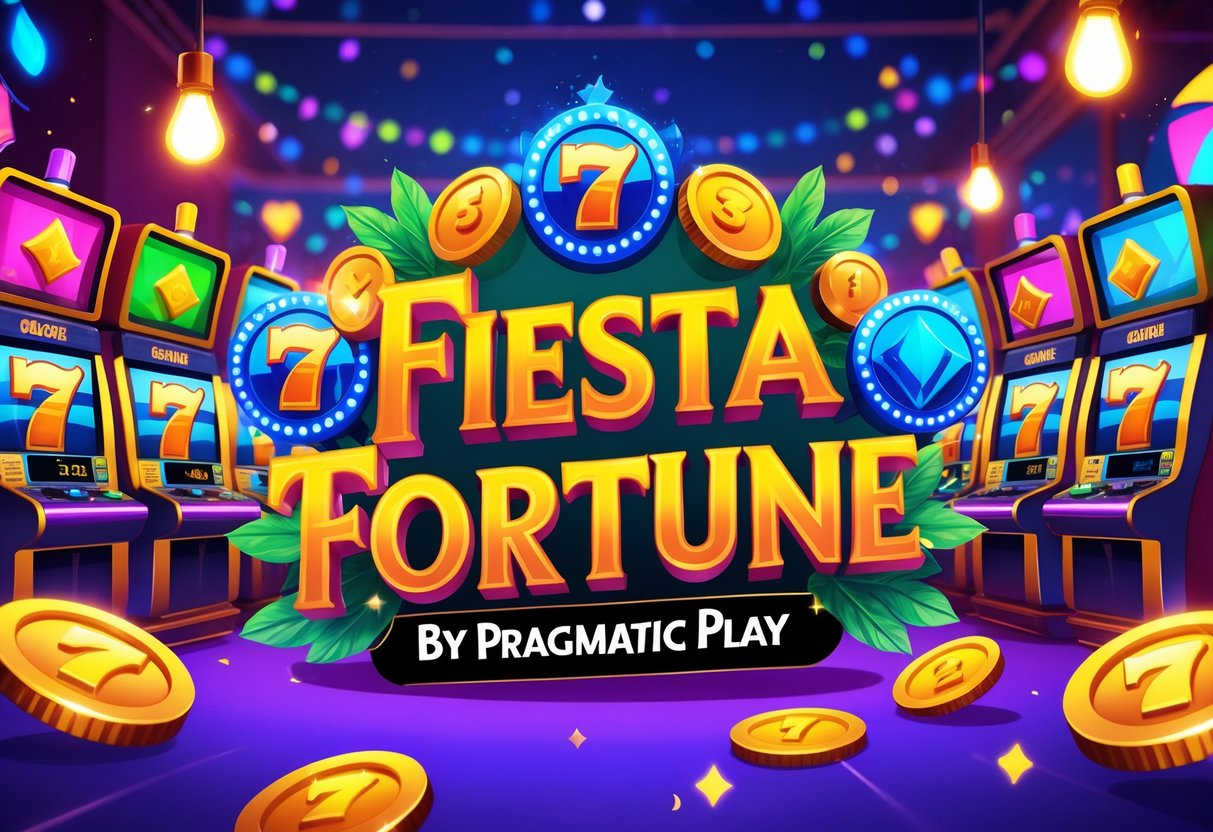 Ilustrasi suasana kasino dengan mesin slot berwarna-warni, koin emas, dan simbol keberuntungan, menggambarkan konsep utama Fiesta Fortune Pragmatic Play.