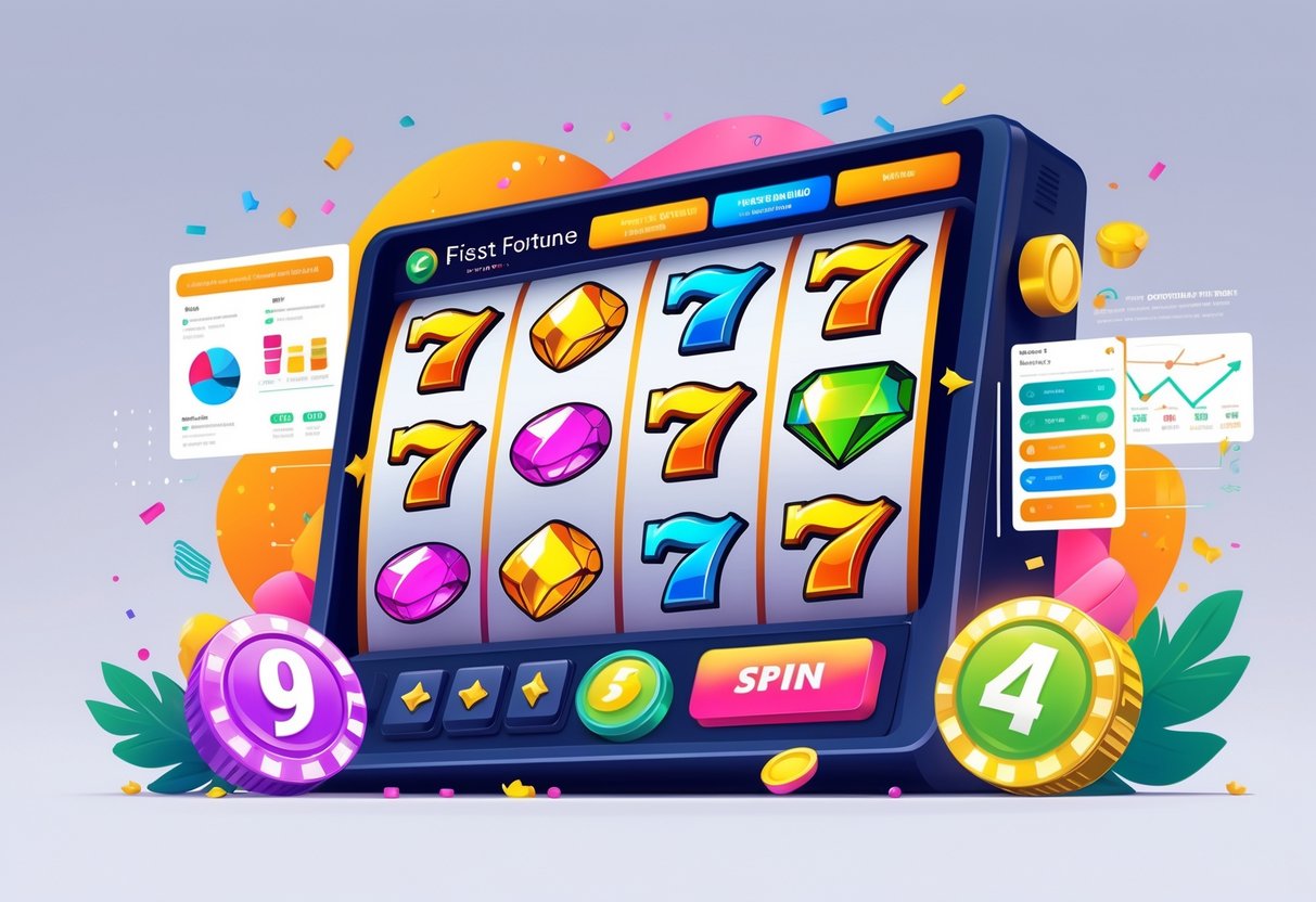 Ilustrasi mesin slot Fiesta Fortune dengan simbol warna-warni dan grafik data edukasi di latar belakang.