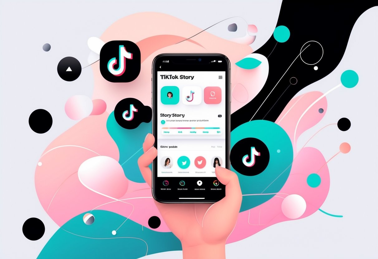 A hand holding a smartphone showing a social media story interface with user icons and progress bars, surrounded by abstract shapes and digital effects.