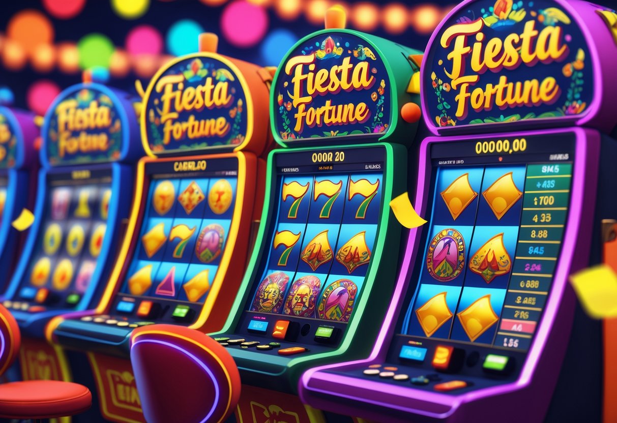 Suasana kasino dengan mesin slot bertema pesta berwarna-warni dan elemen grafik yang menunjukkan analisis pola dan fitur permainan.