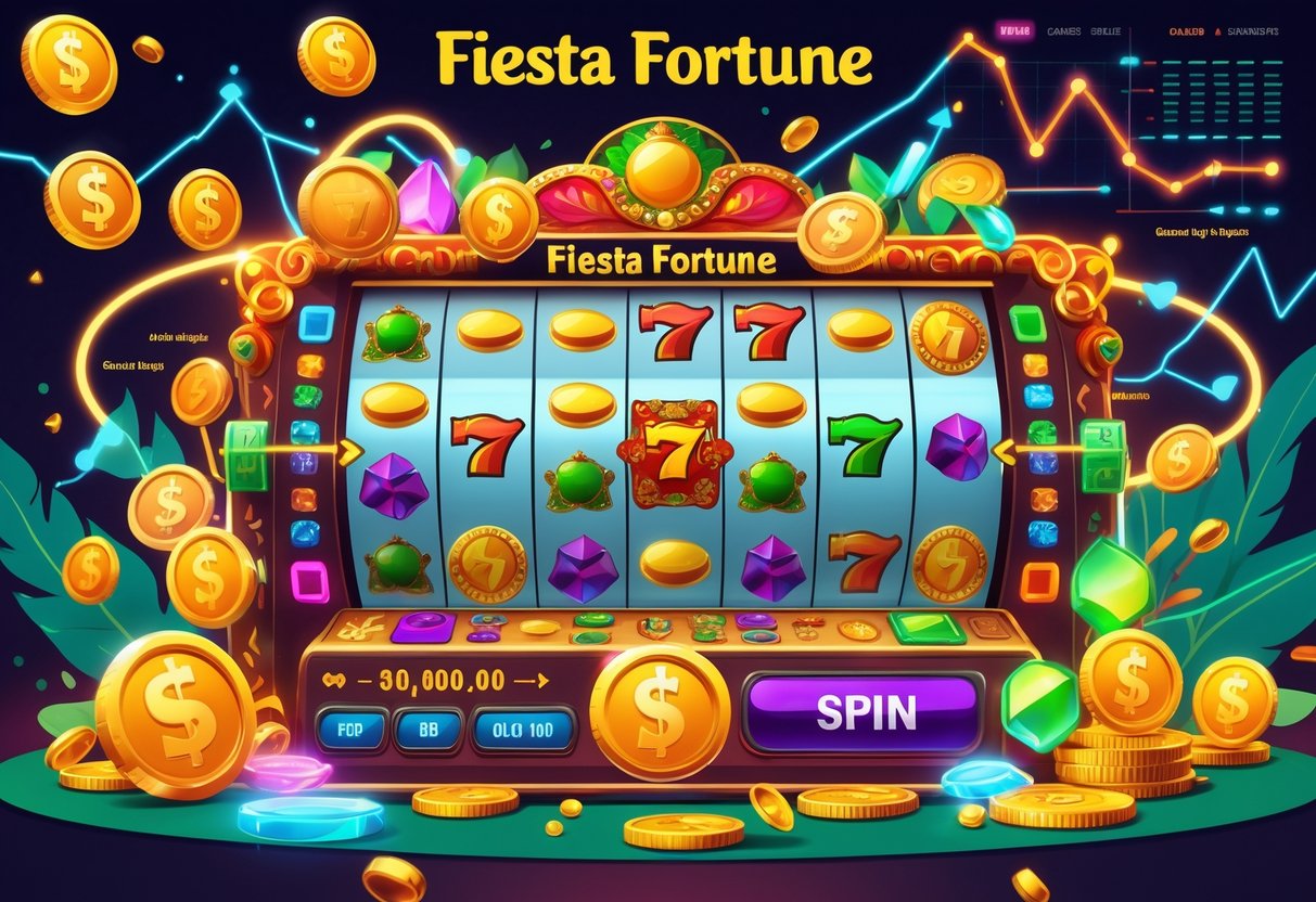 Ilustrasi mesin slot berwarna-warni dengan simbol keberuntungan dan elemen grafik yang menggambarkan pola dan fitur permainan.