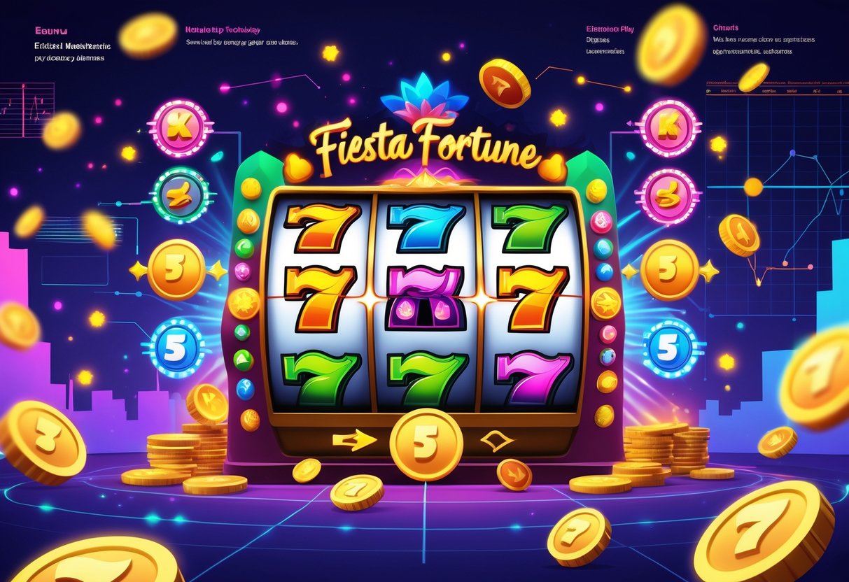 Ilustrasi mesin slot berwarna-warni dengan simbol buah dan koin, dikelilingi ikon fitur permainan dan grafik pola permainan di latar belakang.