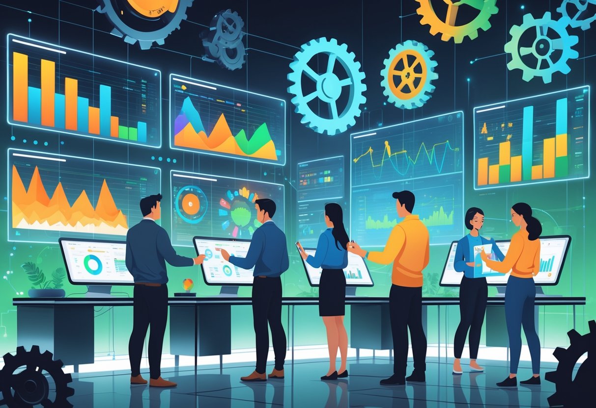 Sejumlah analis sedang mengamati data dan grafik di layar digital dengan latar belakang roda gigi mekanis yang menyatu dengan lingkungan digital.
