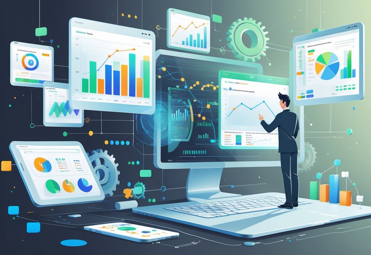 Seorang analis sedang melihat dan berinteraksi dengan grafik dan data yang muncul di layar digital di ruang kerja modern.