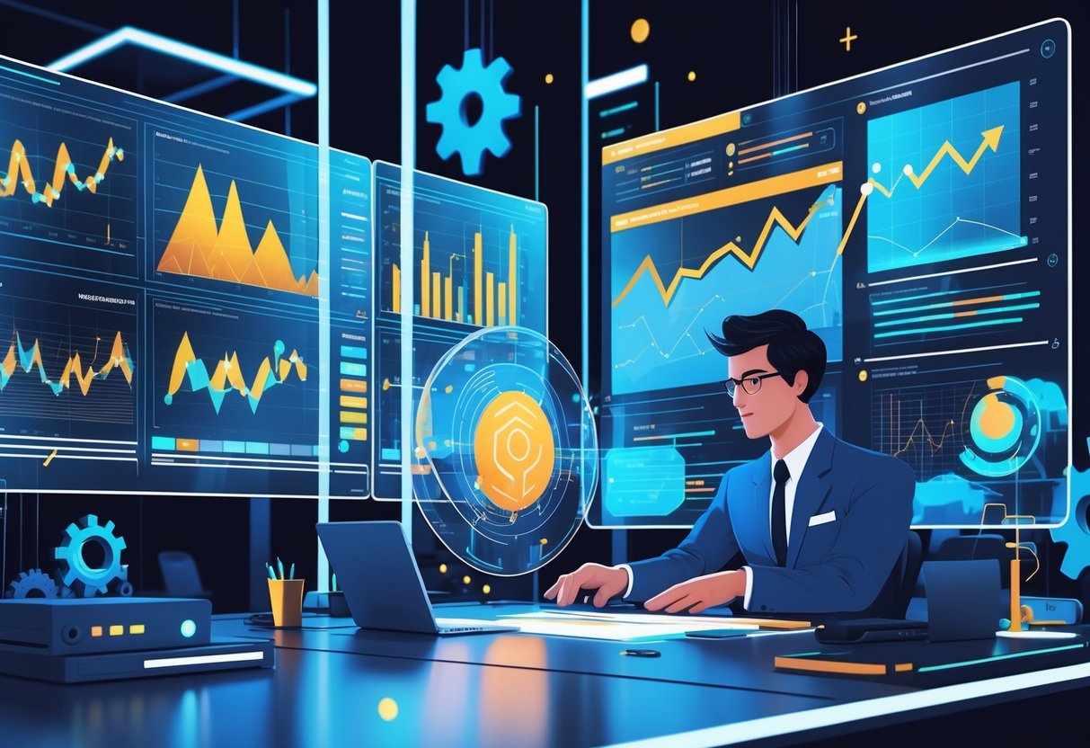 Seorang analis sedang mengamati data tren dan pola pada layar digital di ruang kerja modern dengan latar belakang elemen mekanis abstrak.