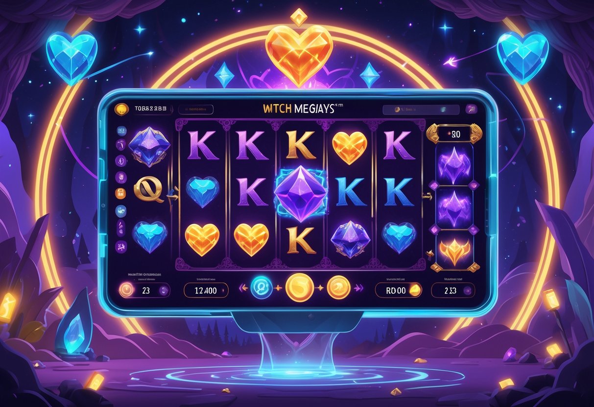 Antarmuka digital modern yang menampilkan fitur dan gameplay dari permainan Witch Heart Megaways dengan latar belakang bertema fantasi dan simbol magis.