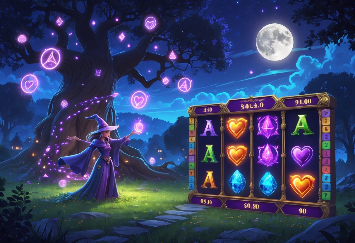 Ilustrasi seorang penyihir di hutan ajaib dengan pohon besar bercahaya dan gulungan slot yang menampilkan simbol-simbol mistis.