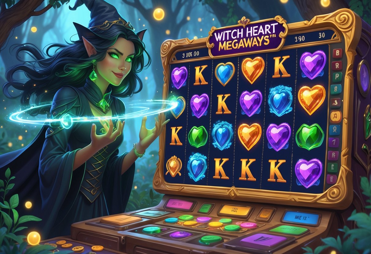 Seorang penyihir dengan rambut gelap dan mata hijau memancarkan energi magis di depan mesin slot dengan simbol-simbol ajaib di latar hutan yang memancarkan cahaya.