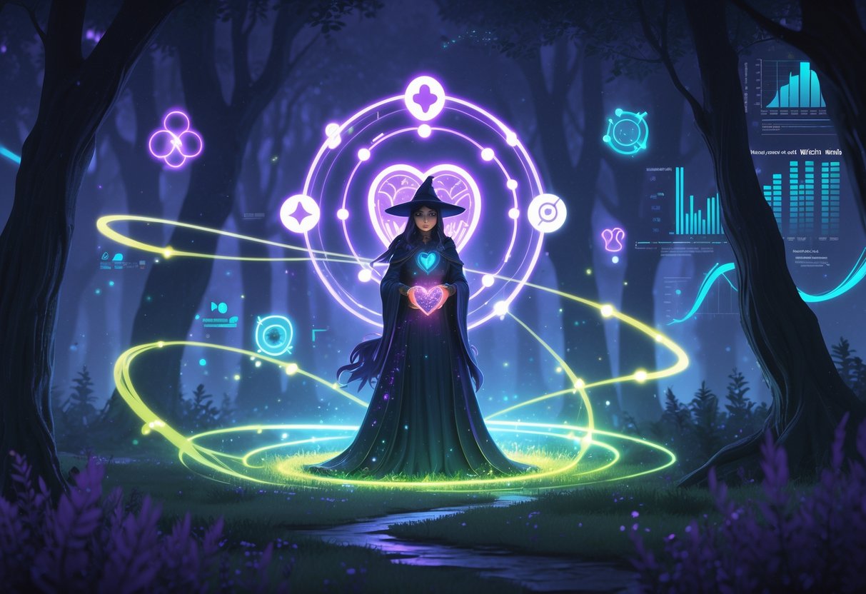 Seorang penyihir berdiri di hutan gelap dengan simbol-simbol bercahaya mengelilinginya, di latar belakang terdapat pola dan grafik samar yang menyatu dengan lingkungan alam.