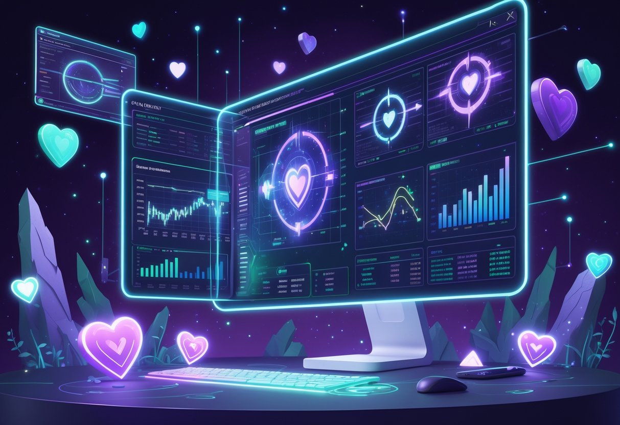 Sebuah ruang kerja dengan layar holografik yang menampilkan grafik dan pola yang berkaitan dengan analisis permainan Witch Heart Megaways™, dengan latar belakang simbol magis dan hati bercahaya.