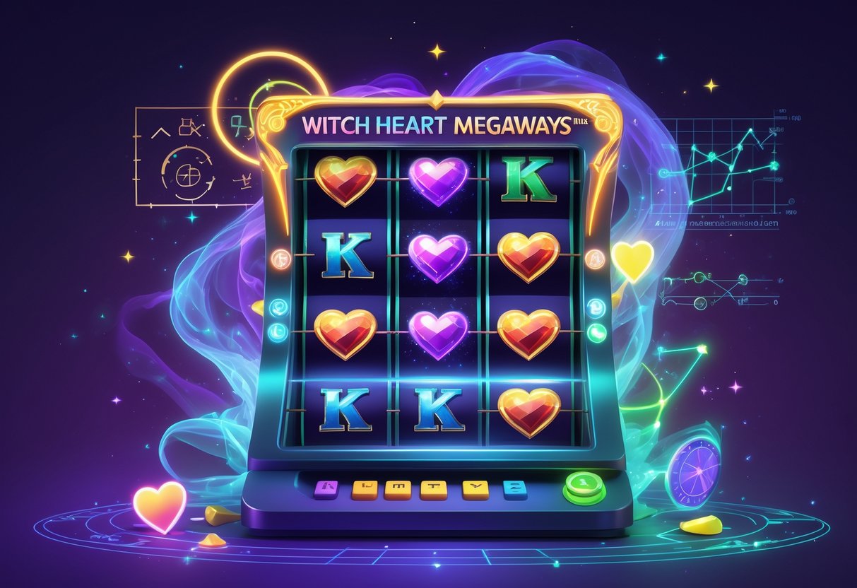 Ilustrasi mesin slot dengan pola dinamis dan elemen magis seperti hati dan simbol mistis, dikelilingi grafik dan simbol matematika yang menggambarkan mekanika permainan dan analisis teoretis.