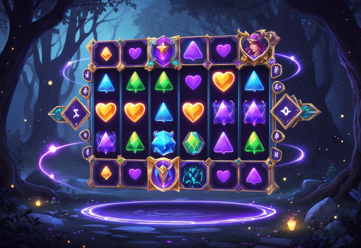 Ilustrasi hutan mistis dengan gulungan slot berisi simbol-simbol magis seperti ramuan, buku mantra, hati ajaib, dan rune kuno yang mengambang di udara.