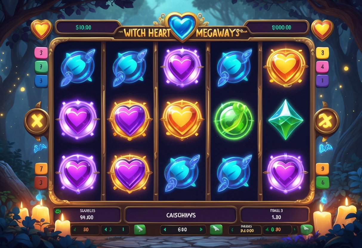 Ilustrasi mesin slot dengan gulungan bertema sihir, menampilkan simbol hati ajaib dan elemen magis dalam suasana hutan yang gelap dan bercahaya.