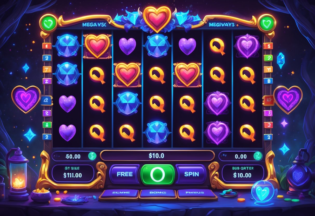 Ilustrasi mesin slot dengan gulungan berwarna-warni dan simbol bertema sihir, menampilkan mekanika permainan dan fitur utama seperti putaran gratis dan simbol khusus.