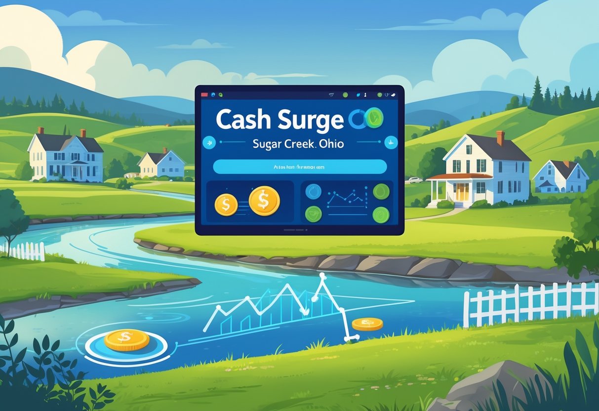 Pemandangan kota kecil dengan sungai dan rumah tradisional, di depan terdapat elemen digital yang menunjukkan permainan dan pertumbuhan keuangan.