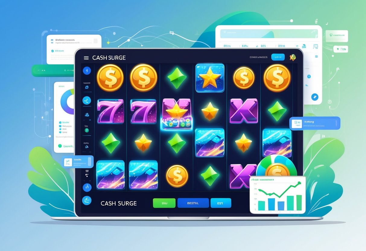 Ilustrasi profesional yang menunjukkan tampilan antarmuka digital dengan elemen permainan slot Cash Surge, koin berkilau, dan grafik data yang mengelilinginya.