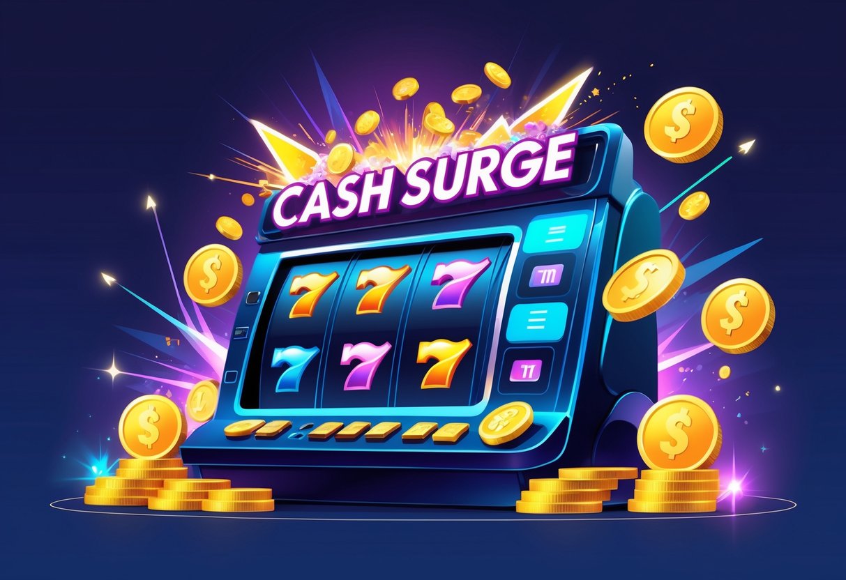 Ilustrasi mesin slot dengan koin dan simbol yang bersinar, menggambarkan fitur bonus Cash Surge dan peluang menang.