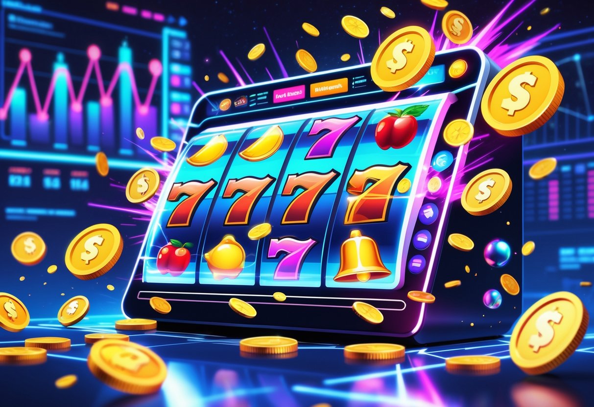 Ilustrasi mesin slot digital dengan koin dan uang tunai yang keluar, latar belakang menampilkan grafik dan elemen antarmuka modern.