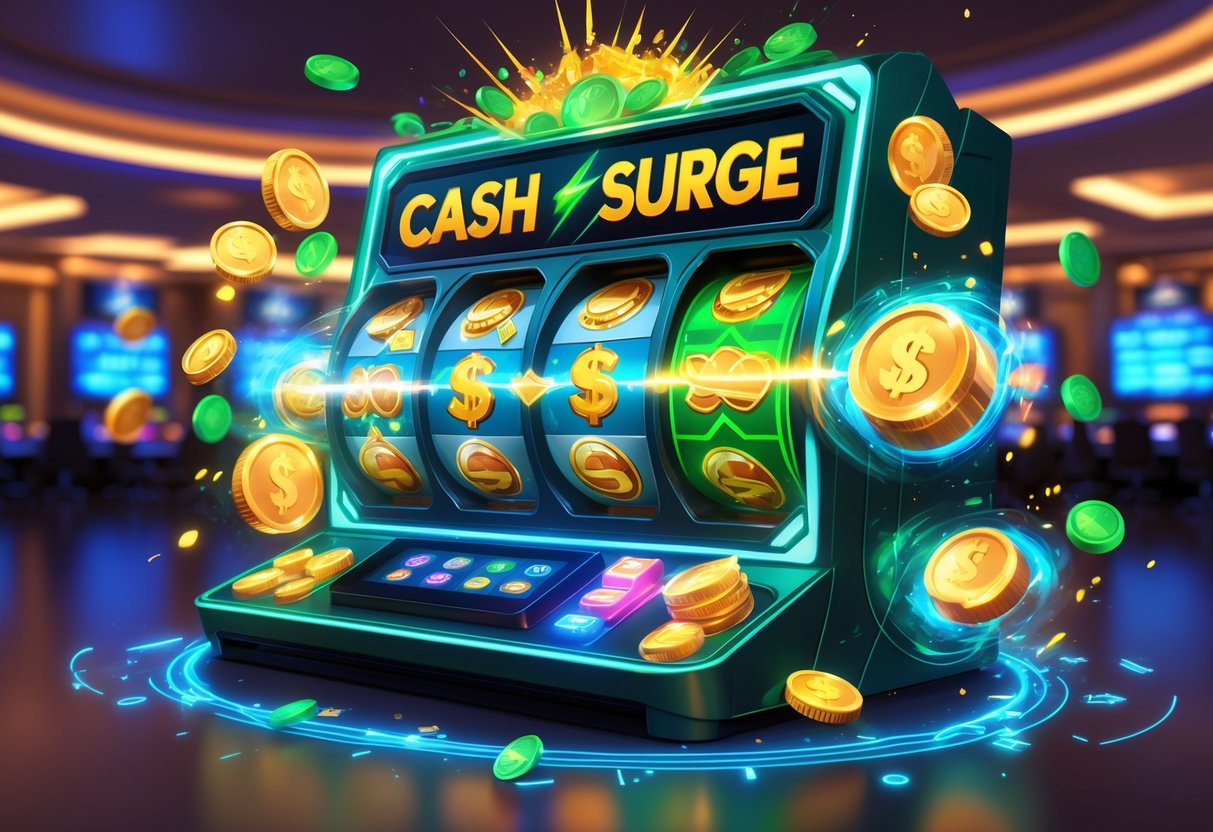 Ilustrasi mesin slot yang berputar dengan simbol koin dan peti harta, menampilkan fitur dan mekanisme terbaru permainan Cash Surge di lingkungan kasino modern.