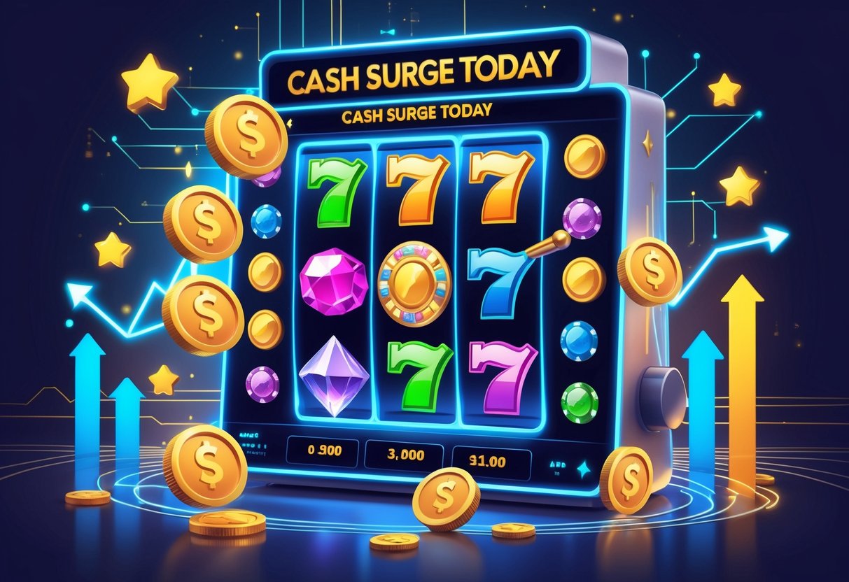 Ilustrasi mesin slot digital dengan simbol warna-warni, ikon fitur bonus, dan grafik peningkatan di latar belakang futuristik.