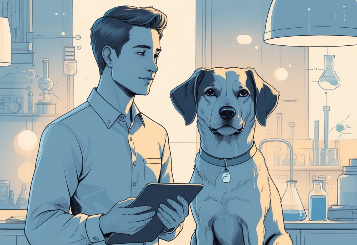 A person standing next to a friendly dog-like companion in a modern setting that combines a home and a laboratory, showing a close and trusting relationship.